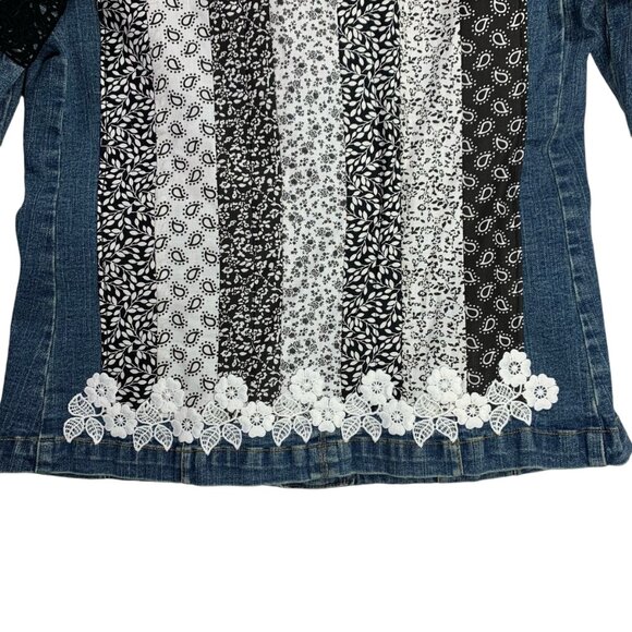 Western Glam Denim Jacket Blazer Black Lace Flower Appliqué Rockstar Boho Chic - Picture 8 of 13